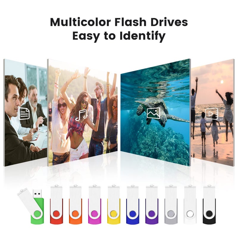Kootion 32GB Flash Drive 32gb USB Flash Drive 10 Pack Thumb Drive Memory Stick Swivel Jump Drive Keychain Design, Mixcolored - Image 3